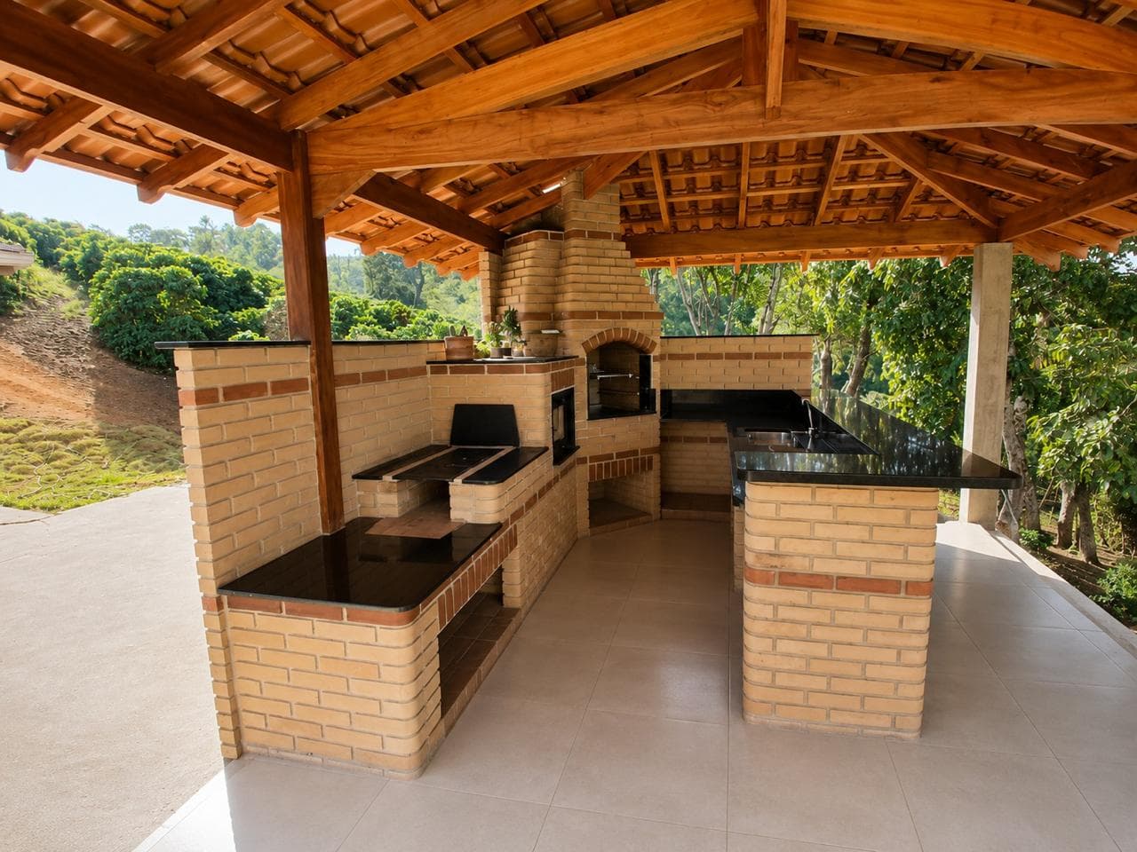 Varanda Gourmet com Complexo em Alvenaria e Bancadas em Granito Polido